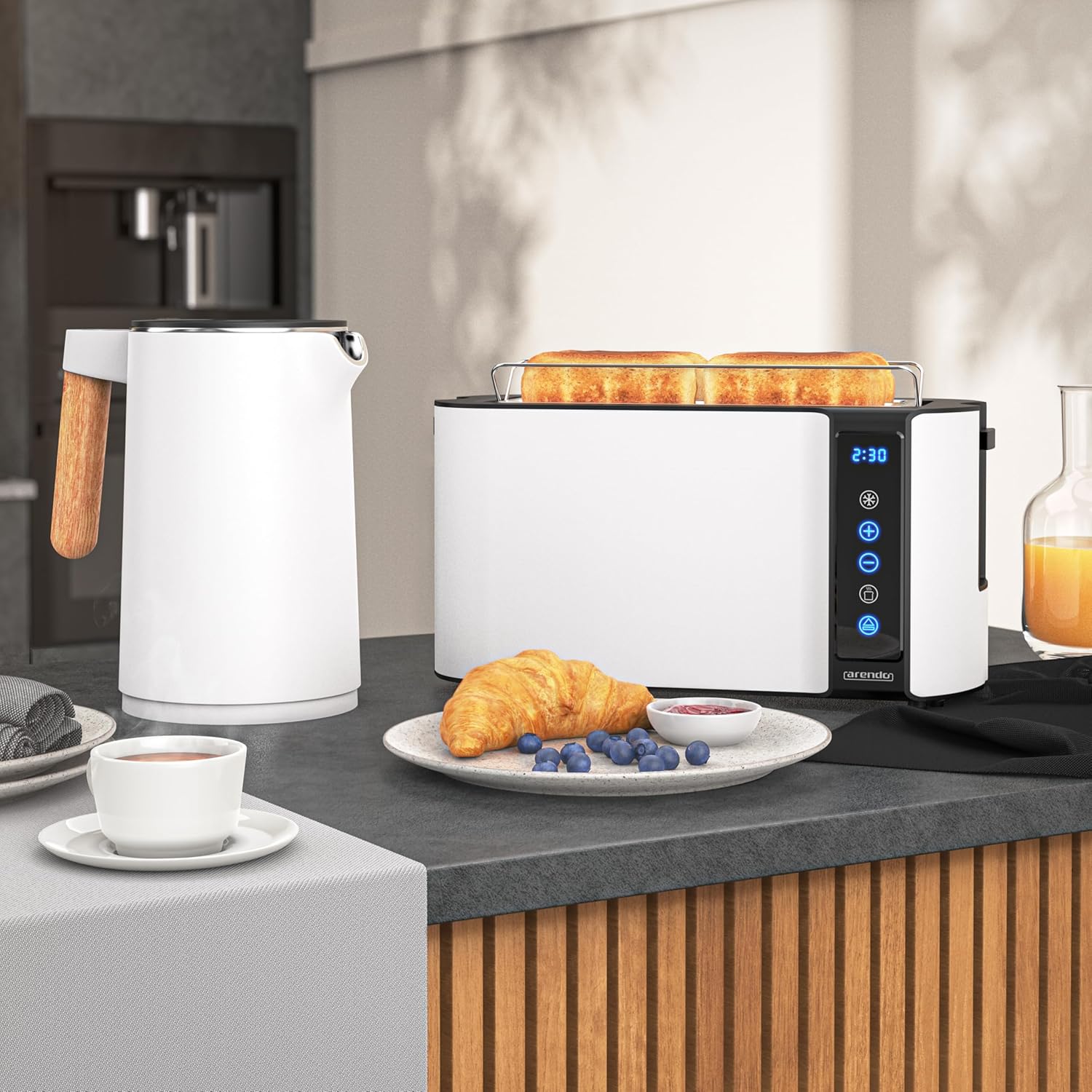 Arendo - Wasserkocher Toaster SET - Edelstahl - Wasserkocher mit Temrpatureinstellung - 45-100 Grad - Warmhaltefunktion - Toaster 4 Scheiben mit Touch Display - mit Brötchaufsatz - Weiß Matt