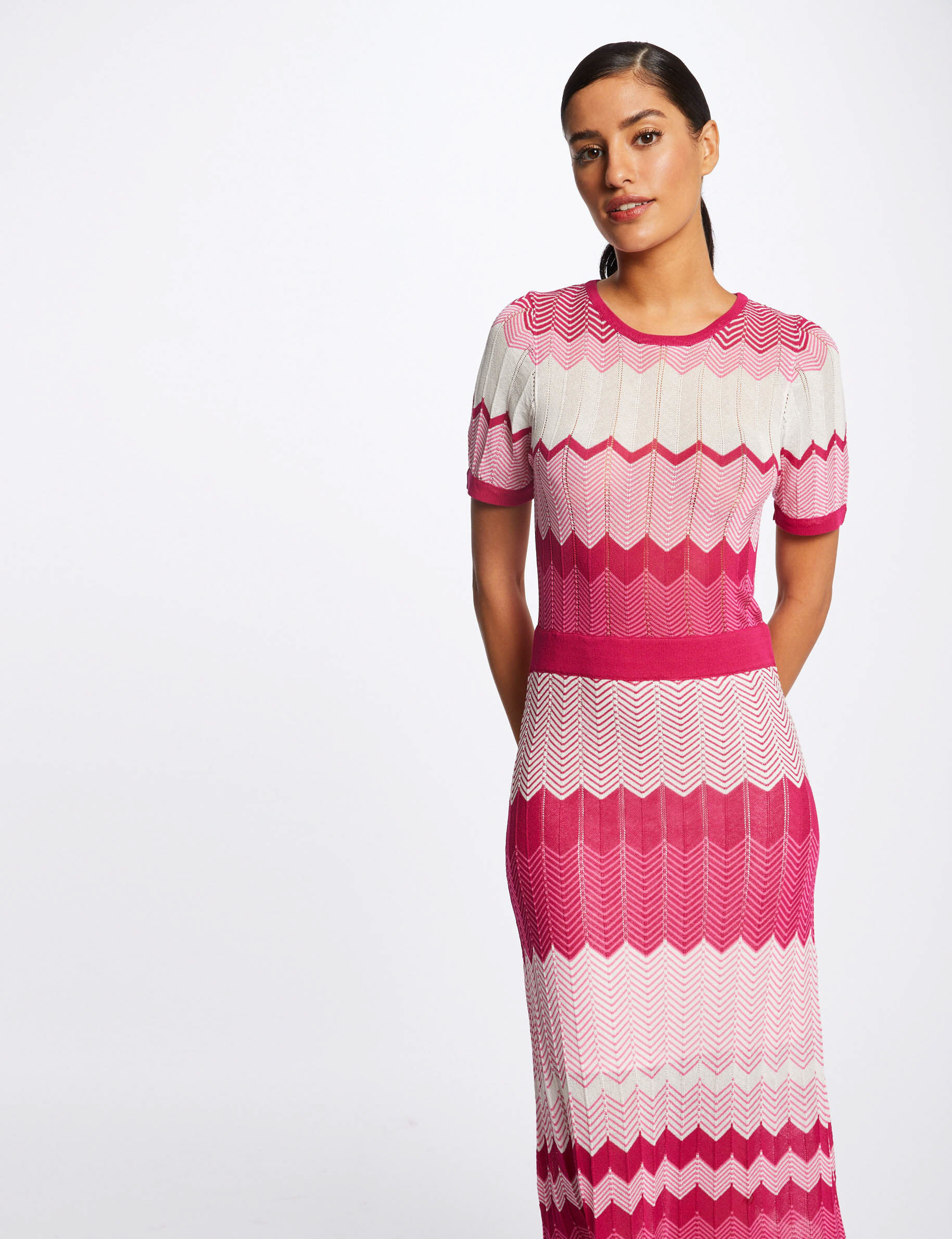 Robe pull longue droite imprimé chevron rose fonce femme - rose_fonce