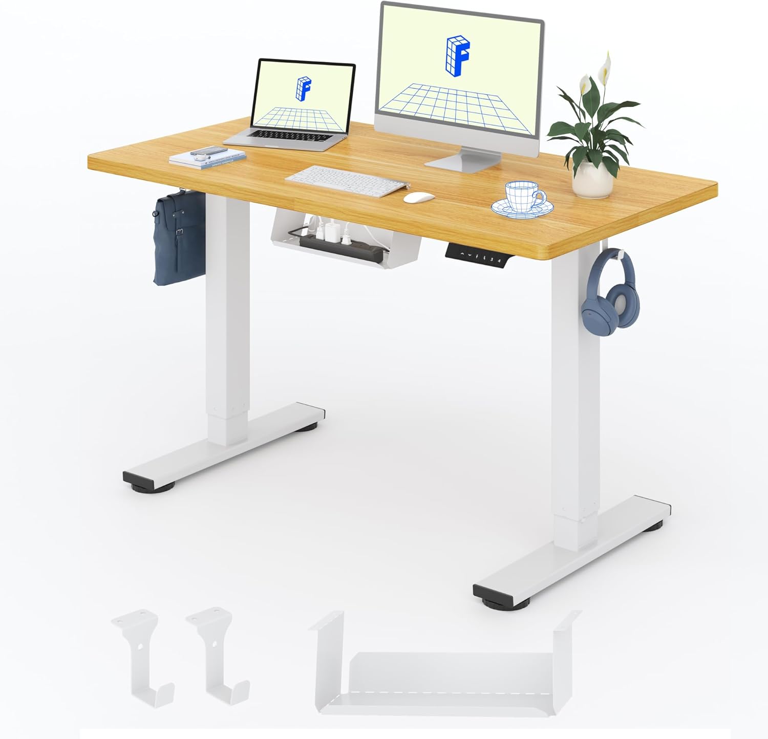 FlexiSpot Höhenverstellbarer Schreibtisch Basic–Mit Kabelmanagement, Haken und EINTEILIGER Tischplatte, Ergonomischer Homeoffice-Tisch, Bürotisch (120x60cm, Ahorn)