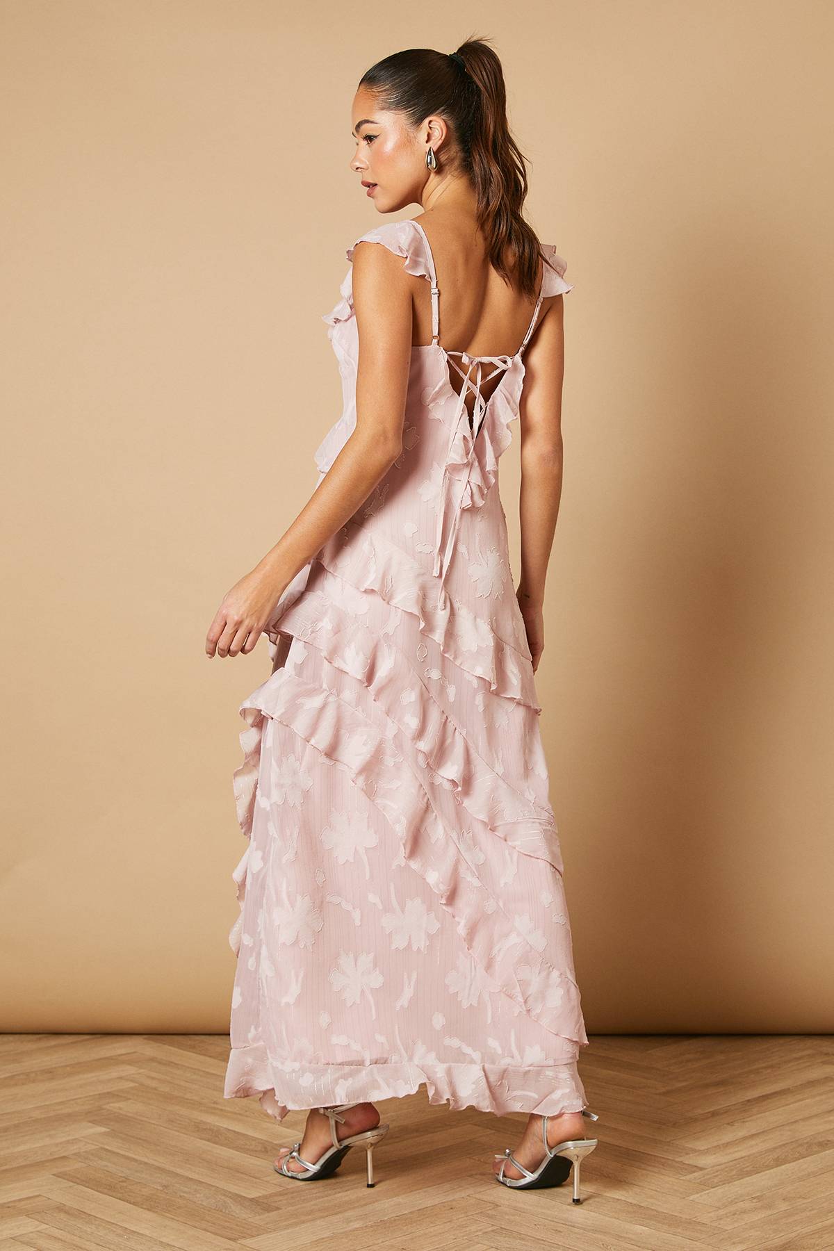 Oasis Robe Maxi à Imprimé Jacquard et Volants
