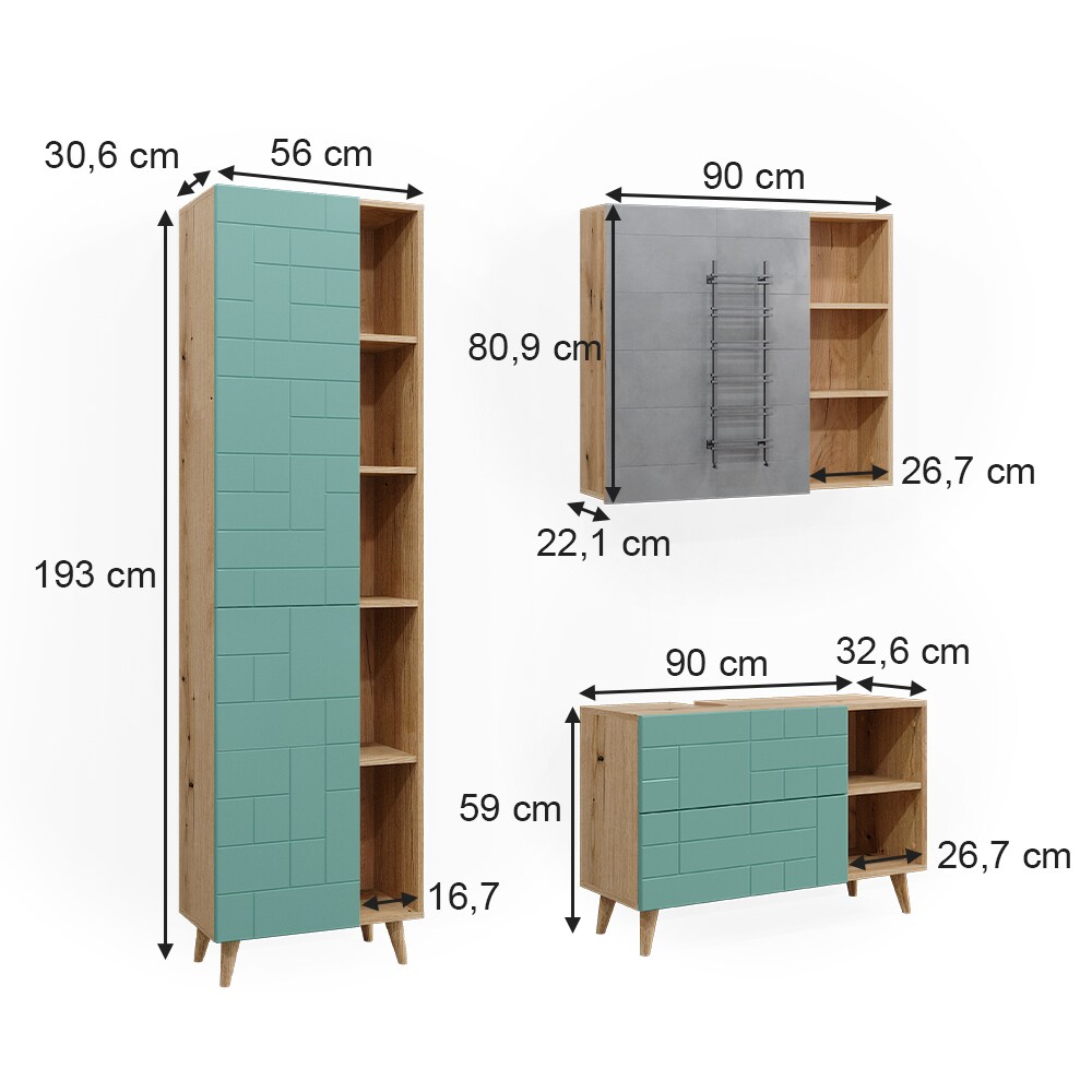 Vicco Badmöbel-Set Rudi in Eiche Evoke Mintgrün, Badezimmer, moderne Badserie Waschbeckenunterschrank Spiegelschrank Hochschrank