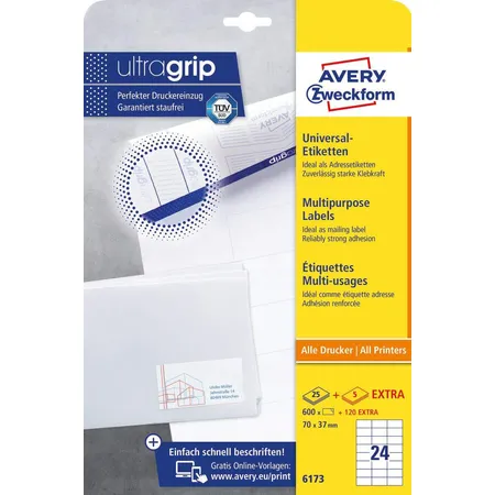 Avery Zweckform 6173 Universal-Etiketten,A4 mit ultragrip,Adressaufkleber 70 x 37 mm, 30 Bogen/720 Etiketten, weiß