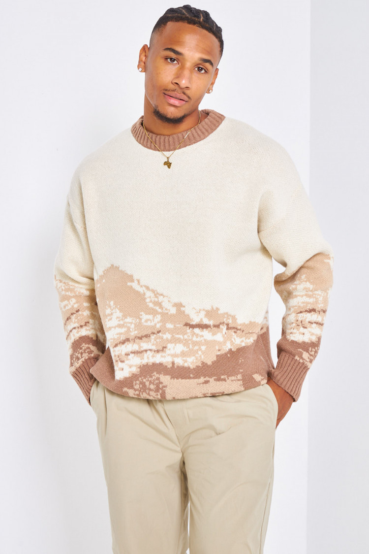Pull beige en laine tricolore