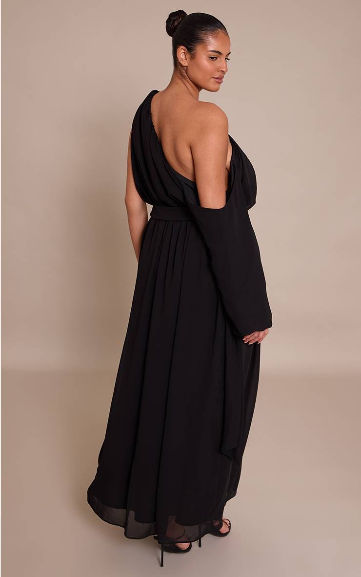 Noir Robe Maxi Grande Taille En Mousseline Drapée À Manches Longues