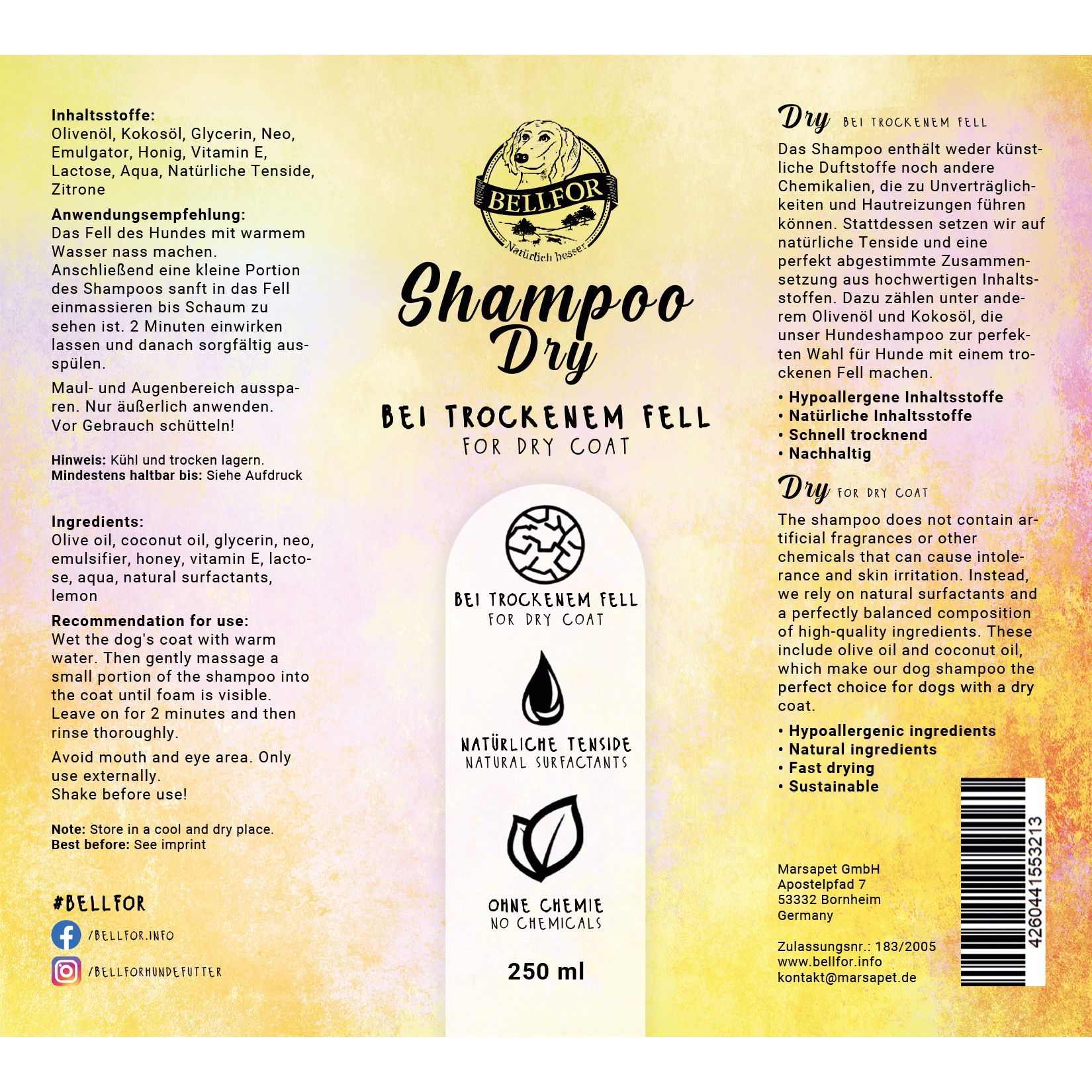 Bellfor Hundeshampoo Dry - bei trockenem Fell.Richtig Fellpflege für Ihren Hund