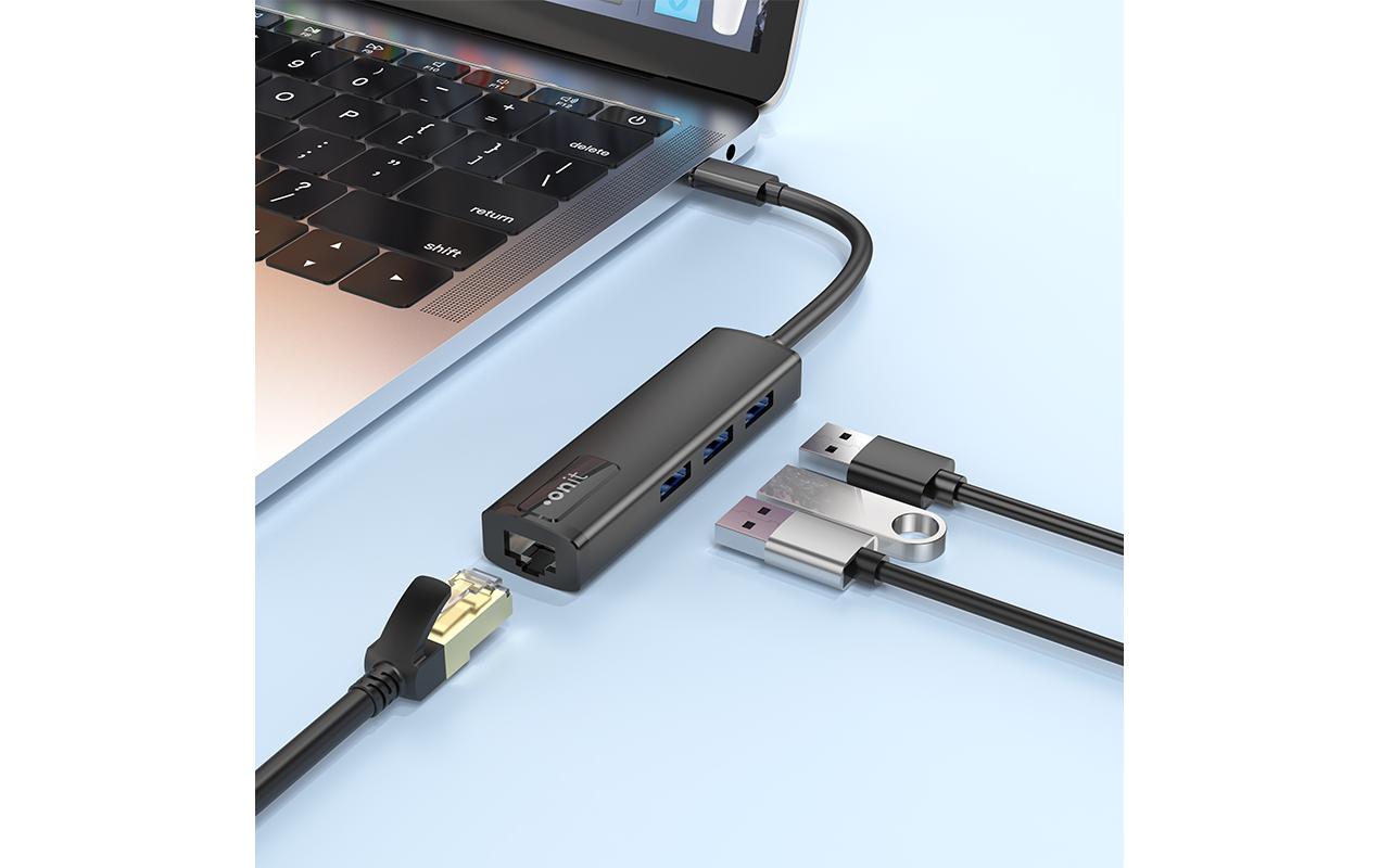 USB-C-Hub 3A1RJ45 USB Typ-CLeichter und kompakter Hub mit 3 USB-A-Ports und 1 RJ45-Port