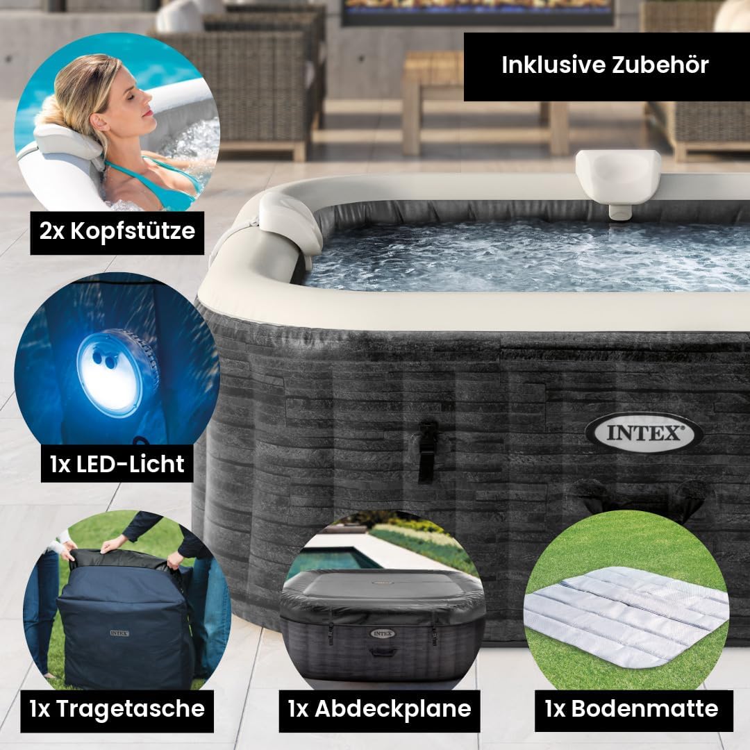 INTEX PureSpa Greywood Deluxe In- & Outdoor Whirlpool aufblasbar für 6 Personen 1098 L (196 x 71cm) Inkl. Wasserenthärtungs- & Salzwassersystem - 170 Massagedüsen - Heizung - APP Steuerung & LED