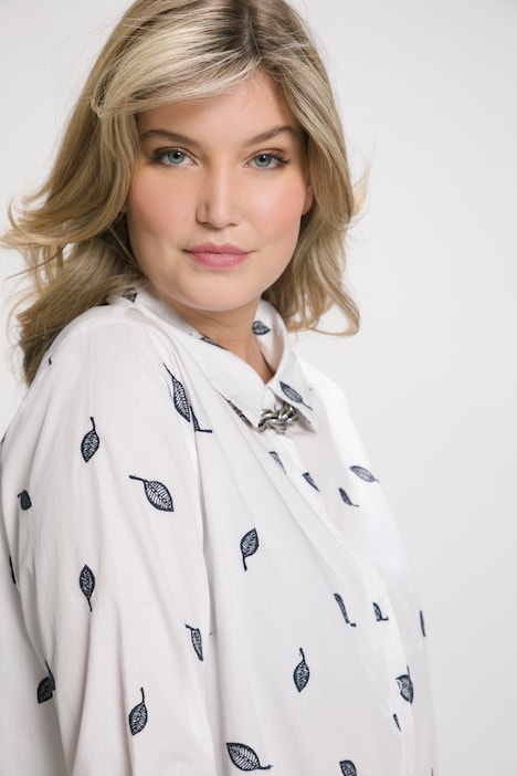 Bluse, Blätterstickerei, A-Linie, Hemdkragen, 3/4-Arm
