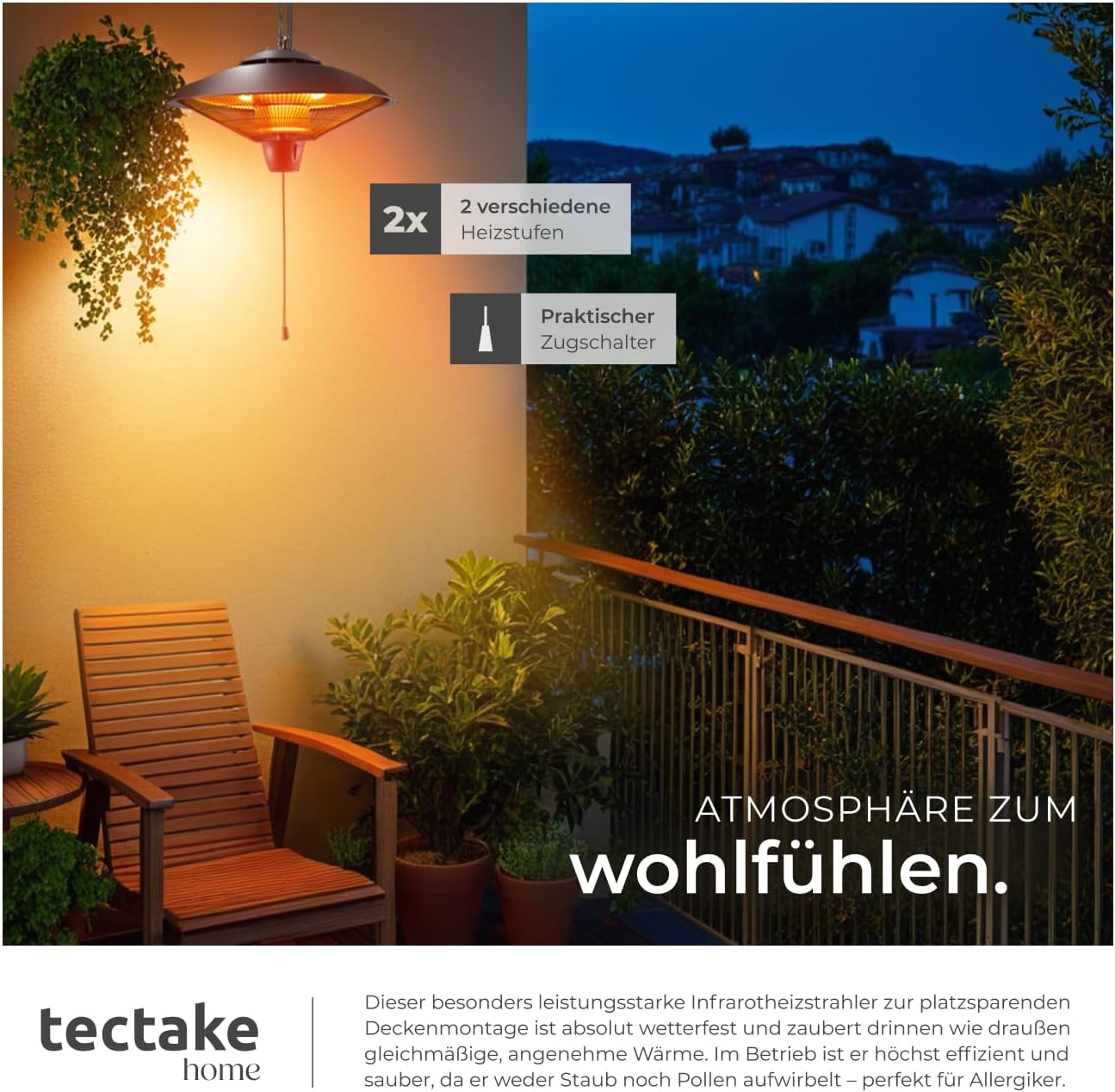 tectake® Infrarot Heizstrahler hängend, Deckenheizung, Infrarotstrahler Lampe zum Aufhängen an Decke, outdoor und indoor Infrarotheizung, Heizung elektrisch, Deckenheizstrahler für Terrasse