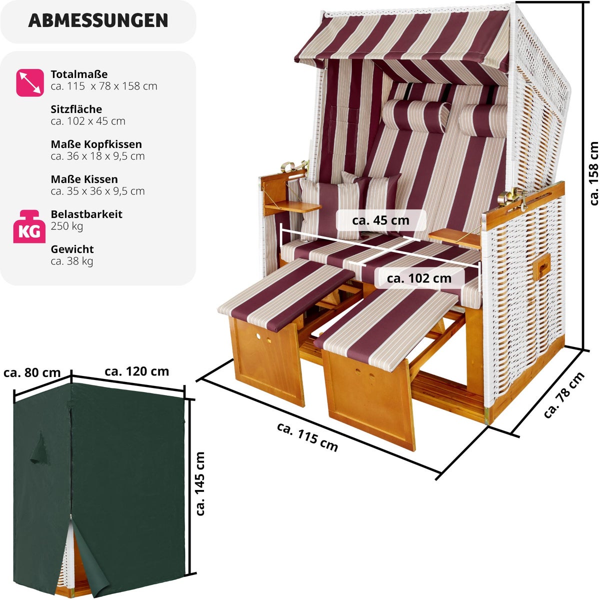 tectake Sylt gestoffeerde strandstoel met uitschuifbare voetensteun, 115 x 158 x 78 cm