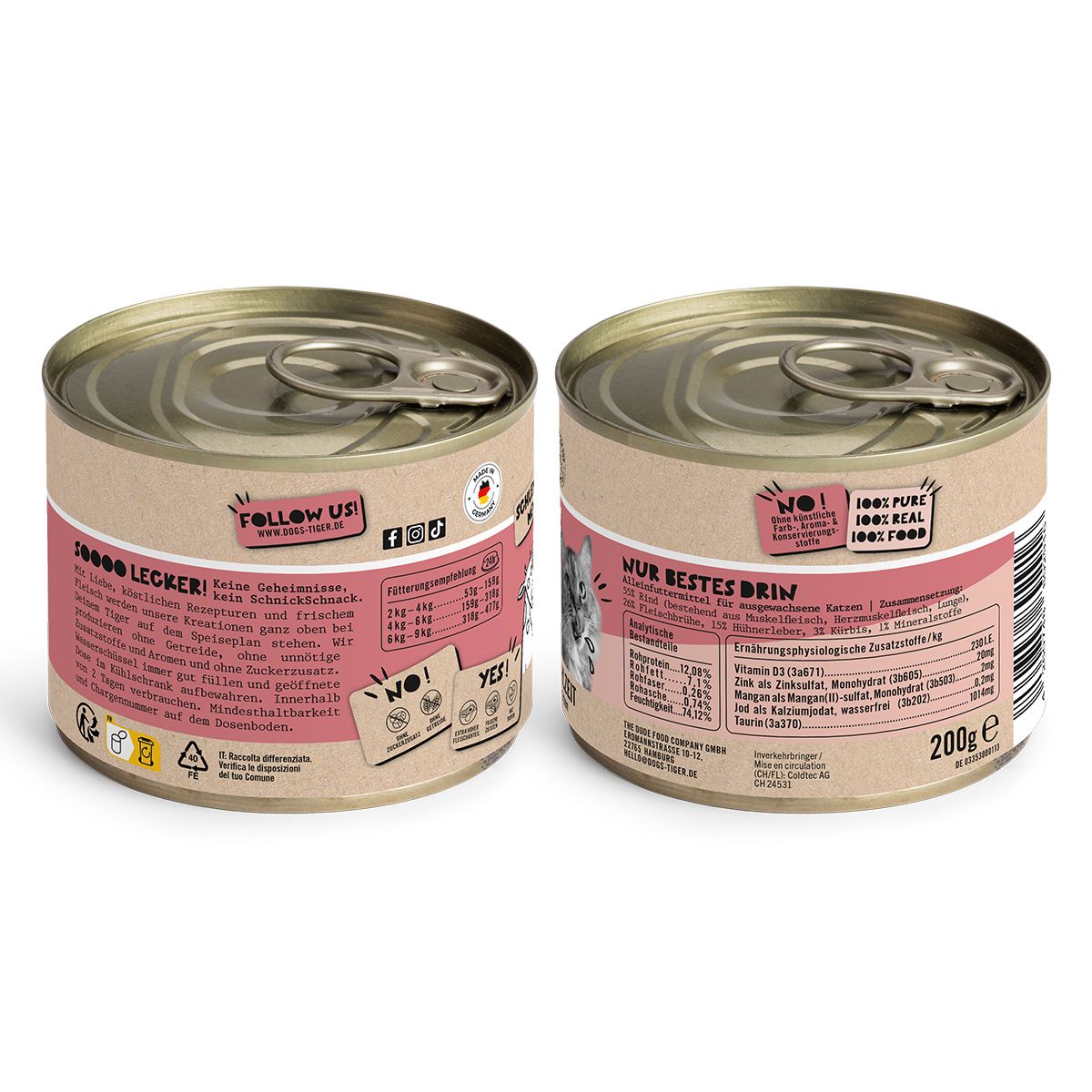 Dogs’n Tiger Adult Katzenfutter, Allerliebst, Nassfutter, Getreidefrei, Rind, Hühnerleber & Kürbis