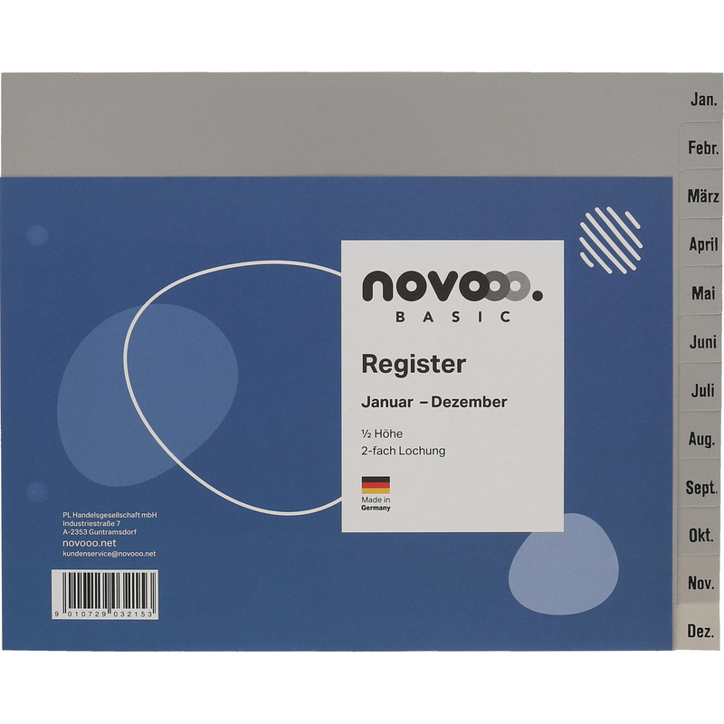 novooo Register Basic, grau, A4, halbe Höhe, Jan-Dez