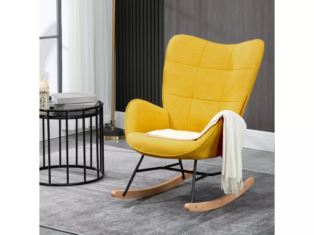 Fauteuil à Bascule Chaise Loisir et Repos Tissus Jaune pour le Salon Salle à Manger Pieds e' Bois Métal KELAN YELLOW, Jaune /69x84x97cm