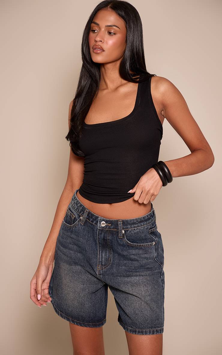 Mid Blue Wash Short Bermuda En Jean Taille Mi-haute Tall