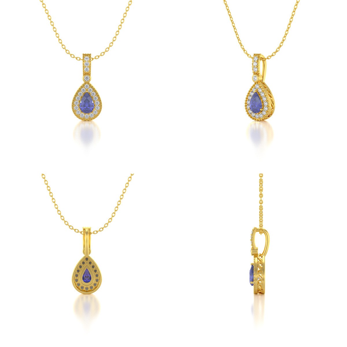 Collier Pendentif ADEN Or 585 Jaune Tanzanite et Diamants Chaine Or 585 incluse 1.55grs