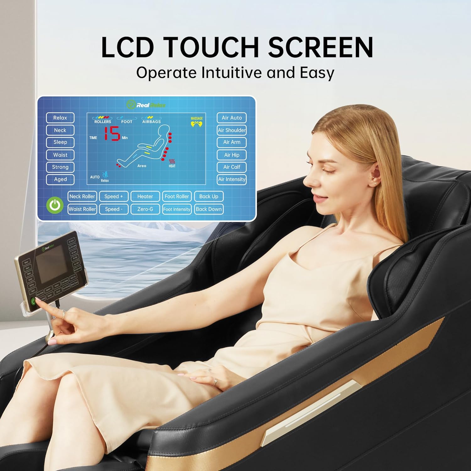 Cadeira de Massagem Real Relax 2024, Massagem Corporal Completa com Modo Gravidade Zero, Massagem nos Pés, Bluetooth, Tela LCD, Aquecedor de Cintura, Preta