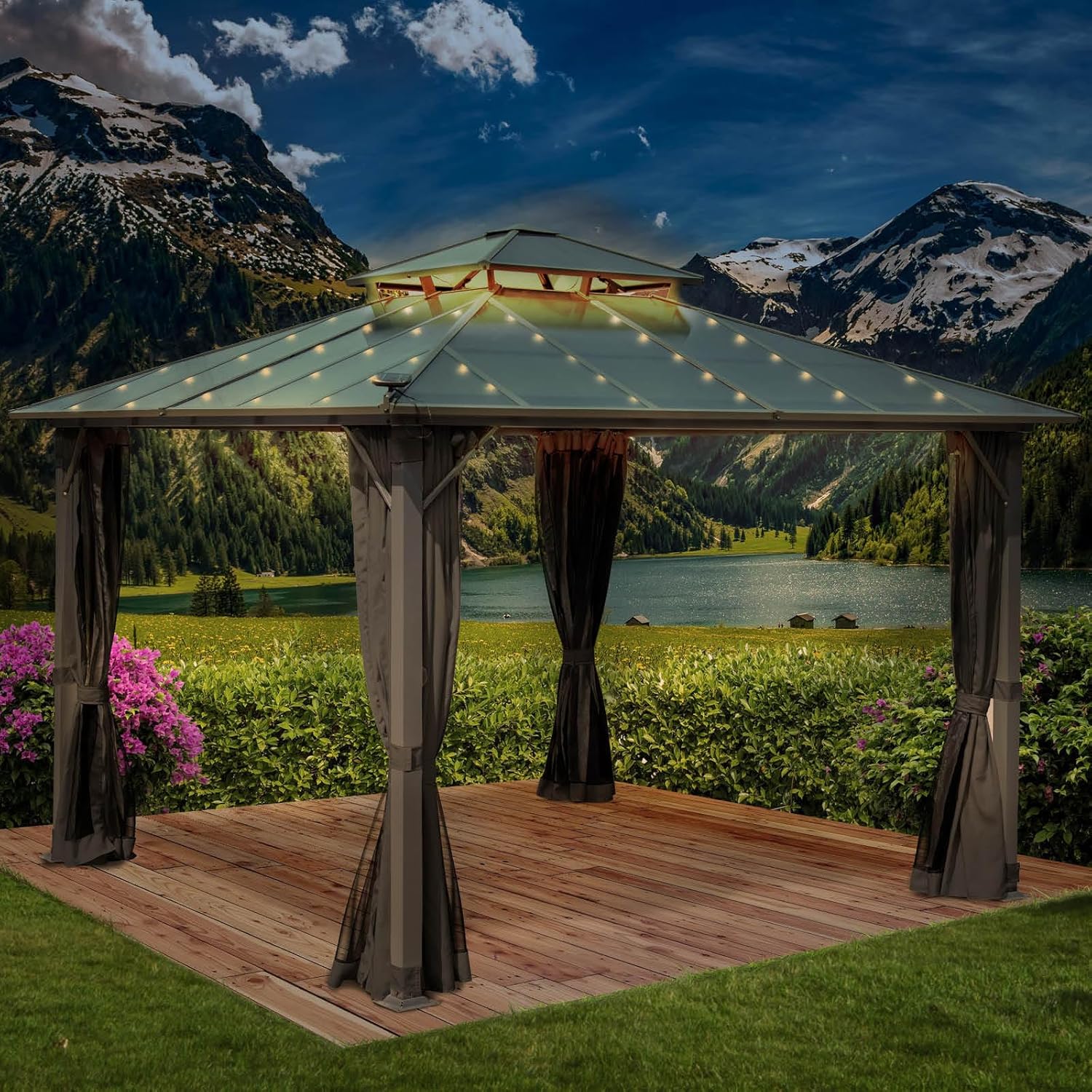 BRAST® Pavillon Aluminium Pagode 3,5x3,5m | viele Modelle & Farben | inkl. Moskitonetz + LED | festes Dach | wasserdicht | stabil | UV-Schutz | Dunkelgrau