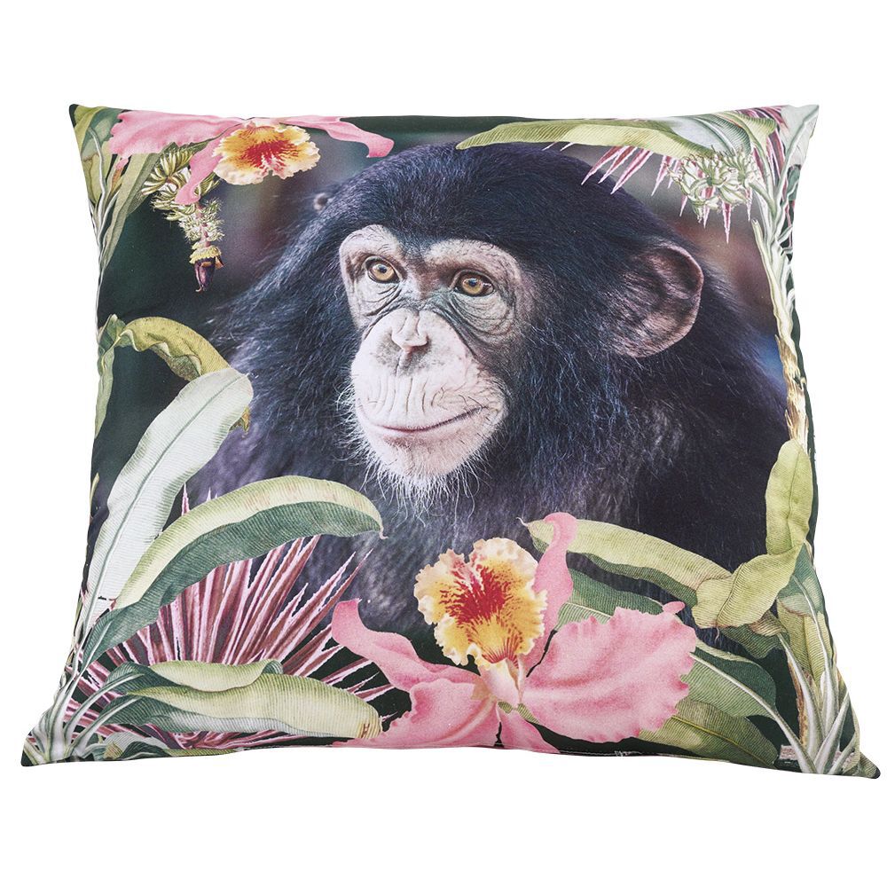 Coussin carré multicolore motifs fleurs et tête de chimpanzé 40x40cm