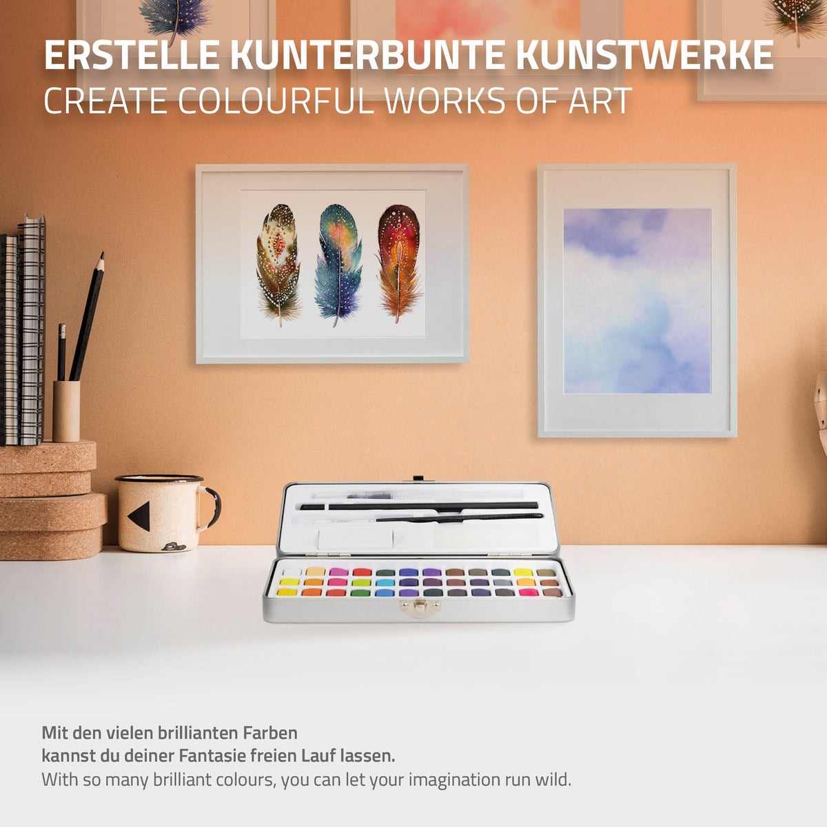ECD Germany Waterverfset, 48 kleuren in een draagbare doos, inclusief penselen, 2B-potlood, aquarelpotlood, gum, spons, volledig aquarelpalet, verfdoos, aquarelset voor beginners en professionals
