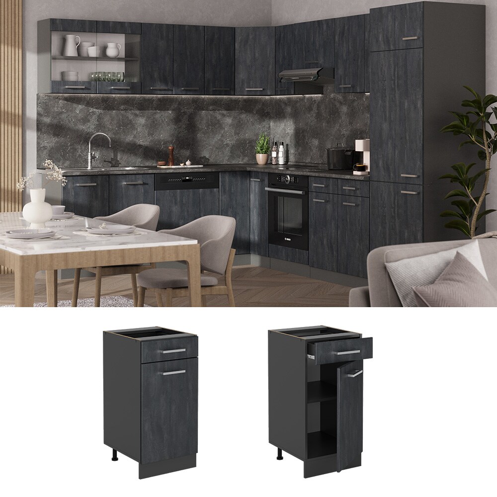 Vicco Schubunterschrank R-Line Schwarz Beton Anthrazit 40 cm mit Arbeitsplatte Weiß-Marmor