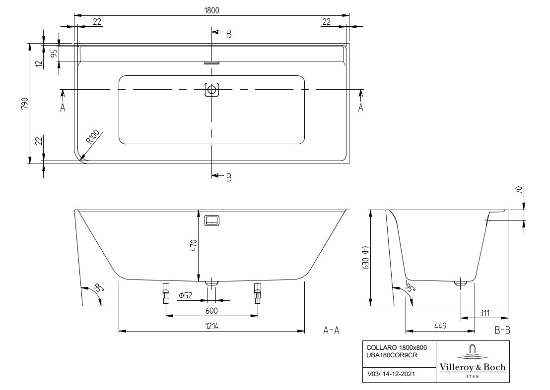 Villeroy & Boch Collaro half vrijstaand rechts ligbad 180x80 wit