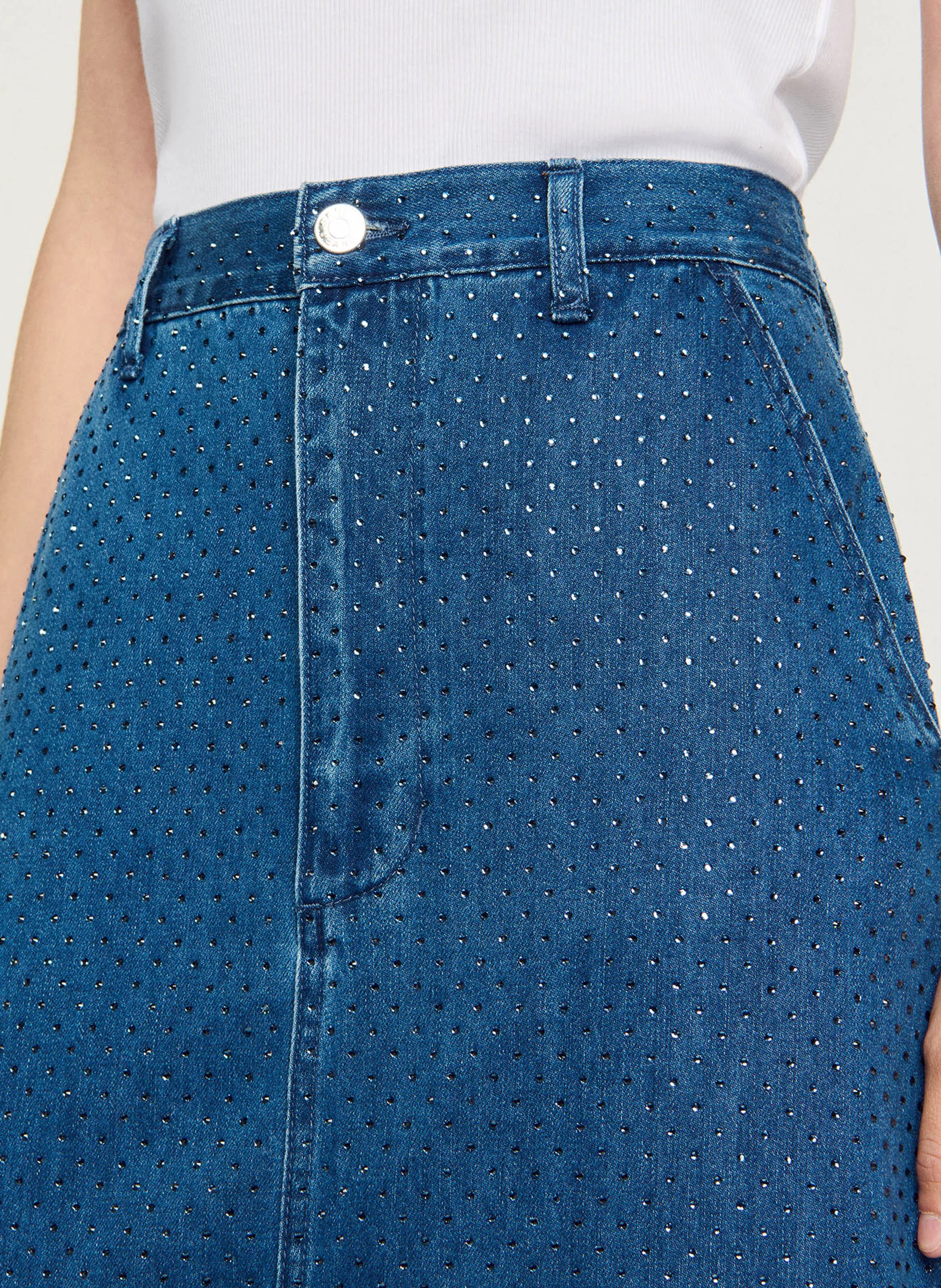 Jupe droite longue en denim strassé | Bleu