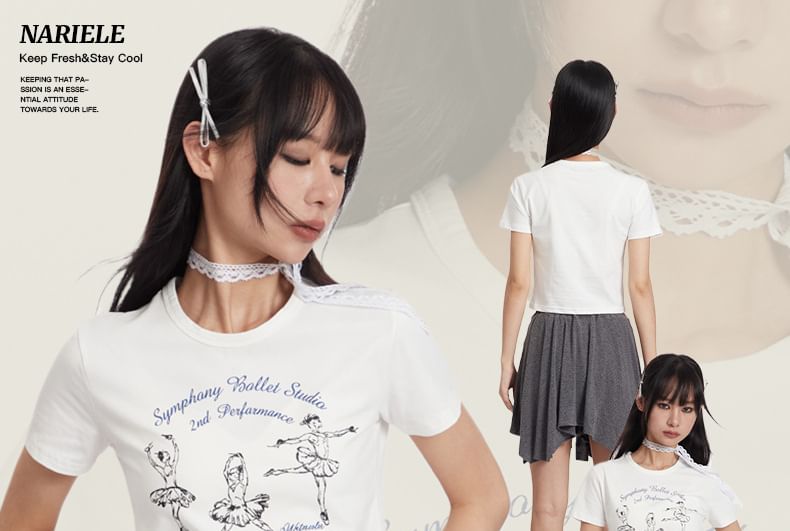 Nariele - Korte mouw ballet- en letterprint slim-fit crop top