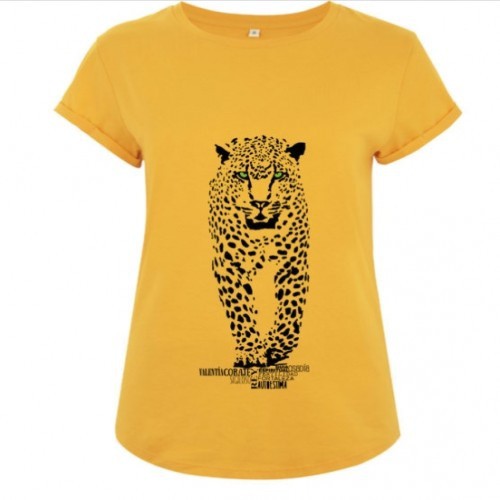Camiseta feminina de algodão de manga curta, marca Jaguar, amarela.