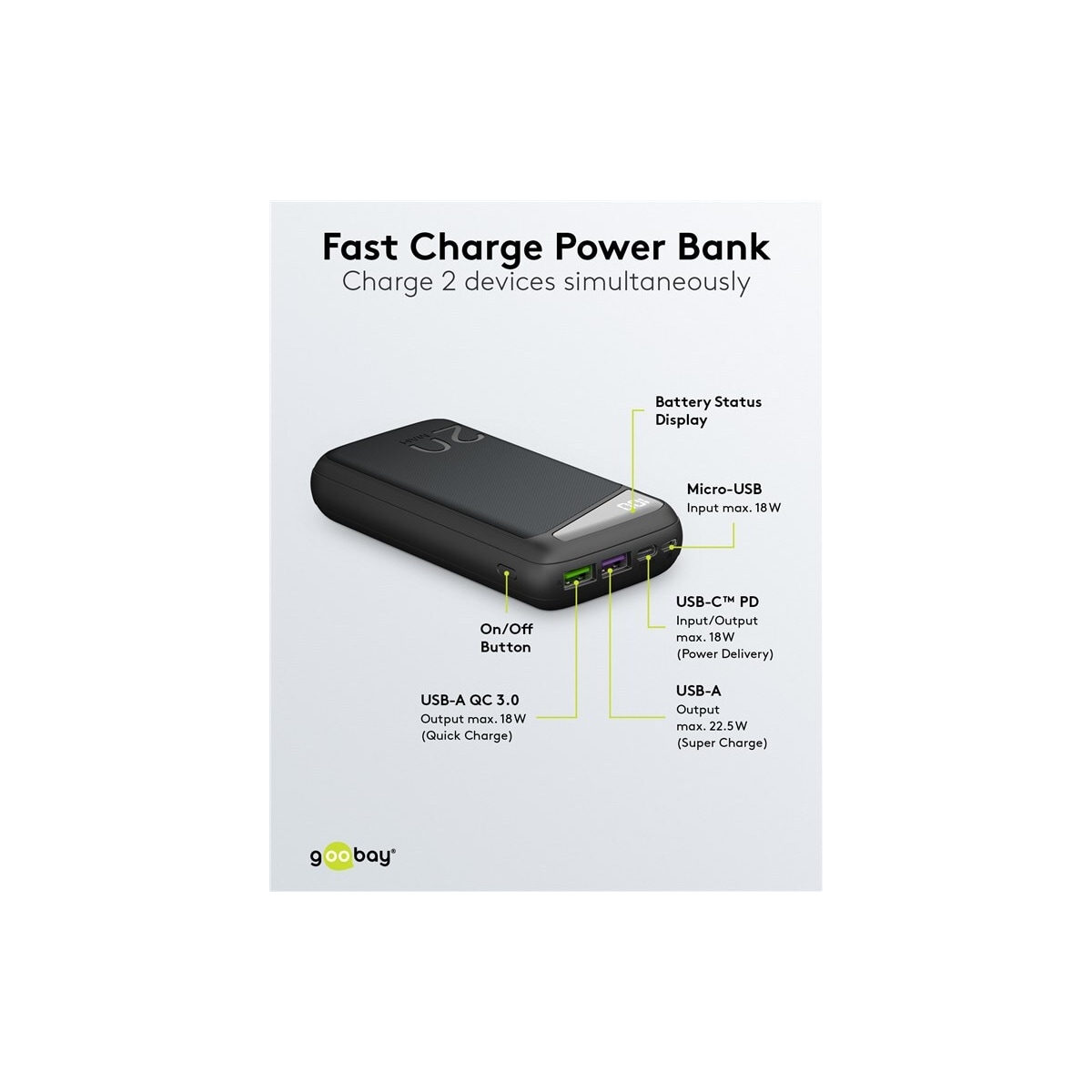 Goobay Hurtigladende Powerbank 20 000 mAh (USB-C™ PD, QC 3.0)