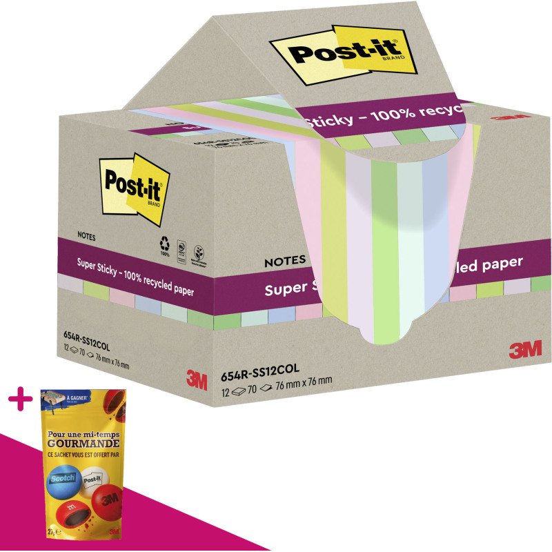 Notes repositionnables recyclées couleurs Super Sticky Post-it - bloc de 70 feuilles = Pour l'achat notes repositionnables, 1 sachet de M&M OFFERT