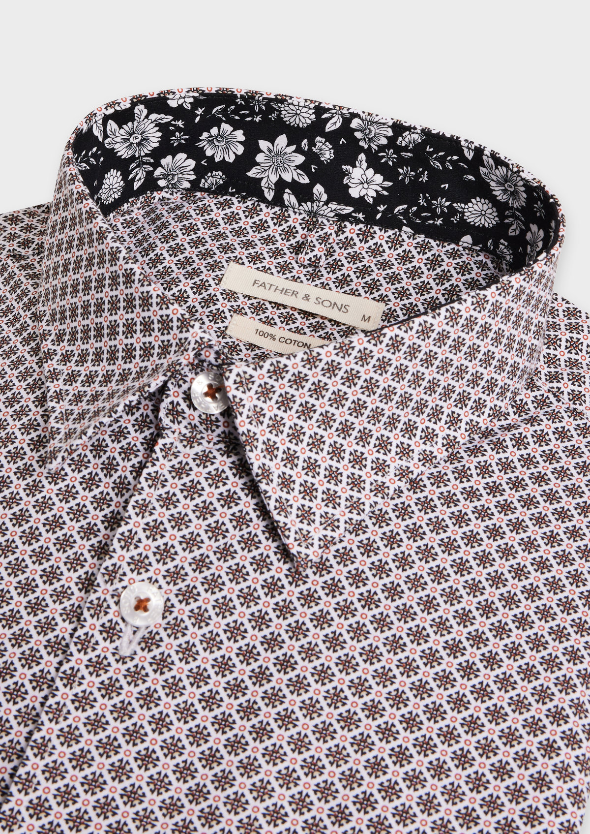 Chemise sport Slim en popeline de coton blanc à motif fantaisie noir et marron