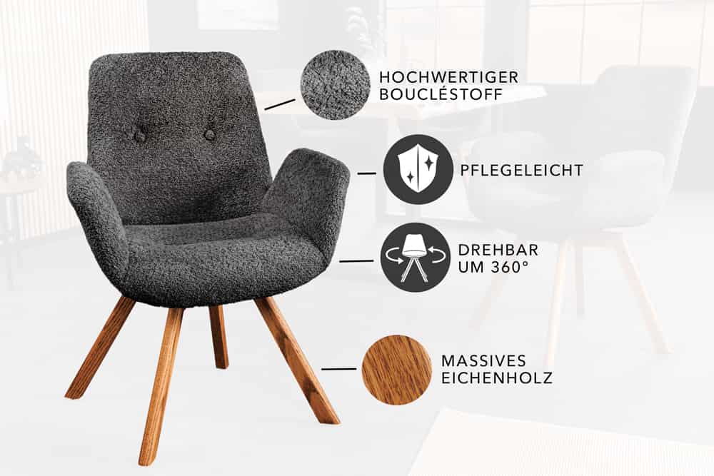 Drehbarer Design Stuhl BALTIC dunkelgrau Bouclé natur Eiche Massivholz mit Armlehne