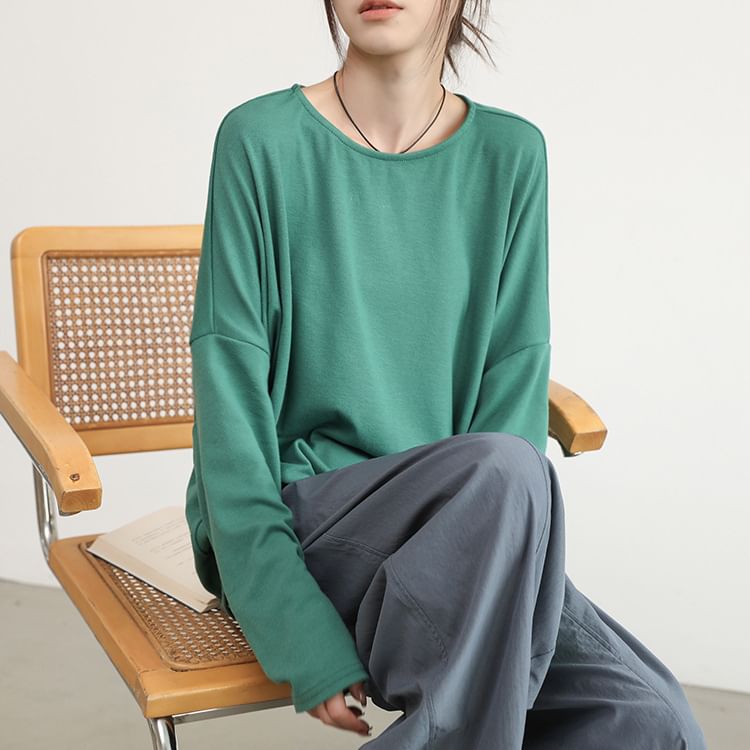 Scabiosa - T-shirt met lange mouwen en ronde hals, effen