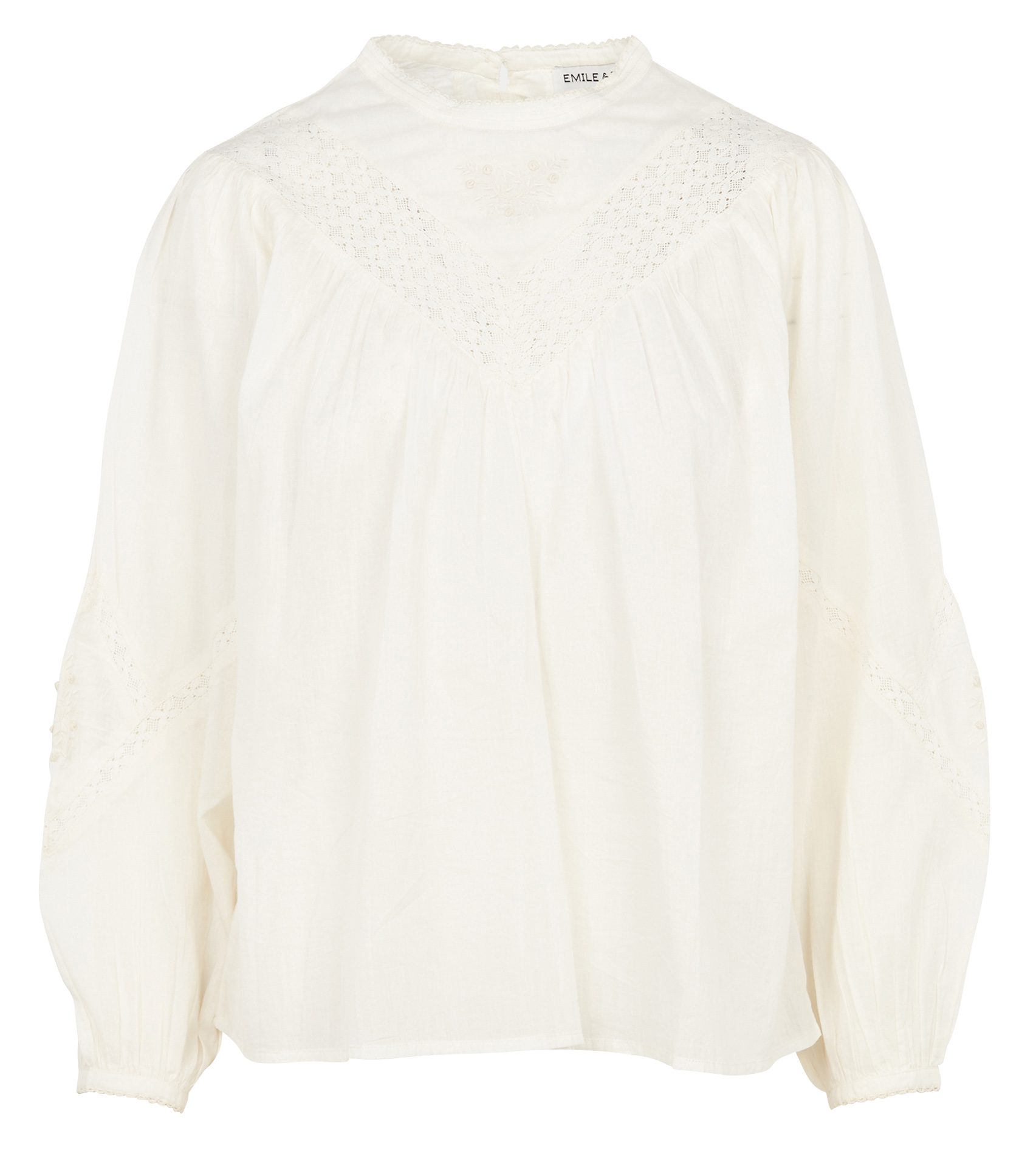 Blouse col rond brodée en coton| Blanc