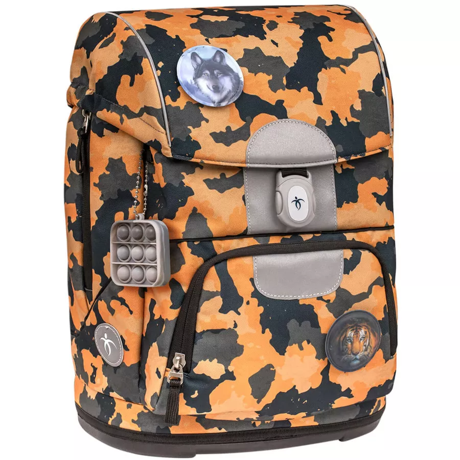 Belmil Schulranzen Motion Schulranzen Set 6-teilig mit Brustgurt, Hüftgurt Orange Camouflage