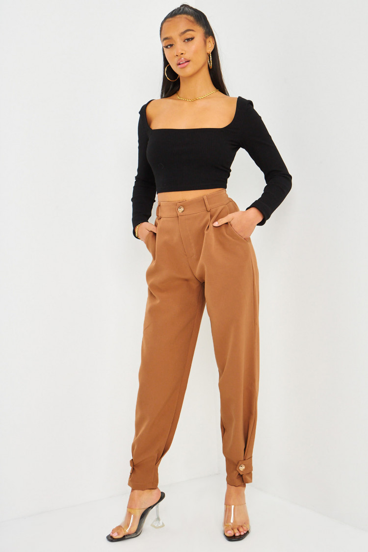 Pantalon camel fluide à attacher aux chevilles