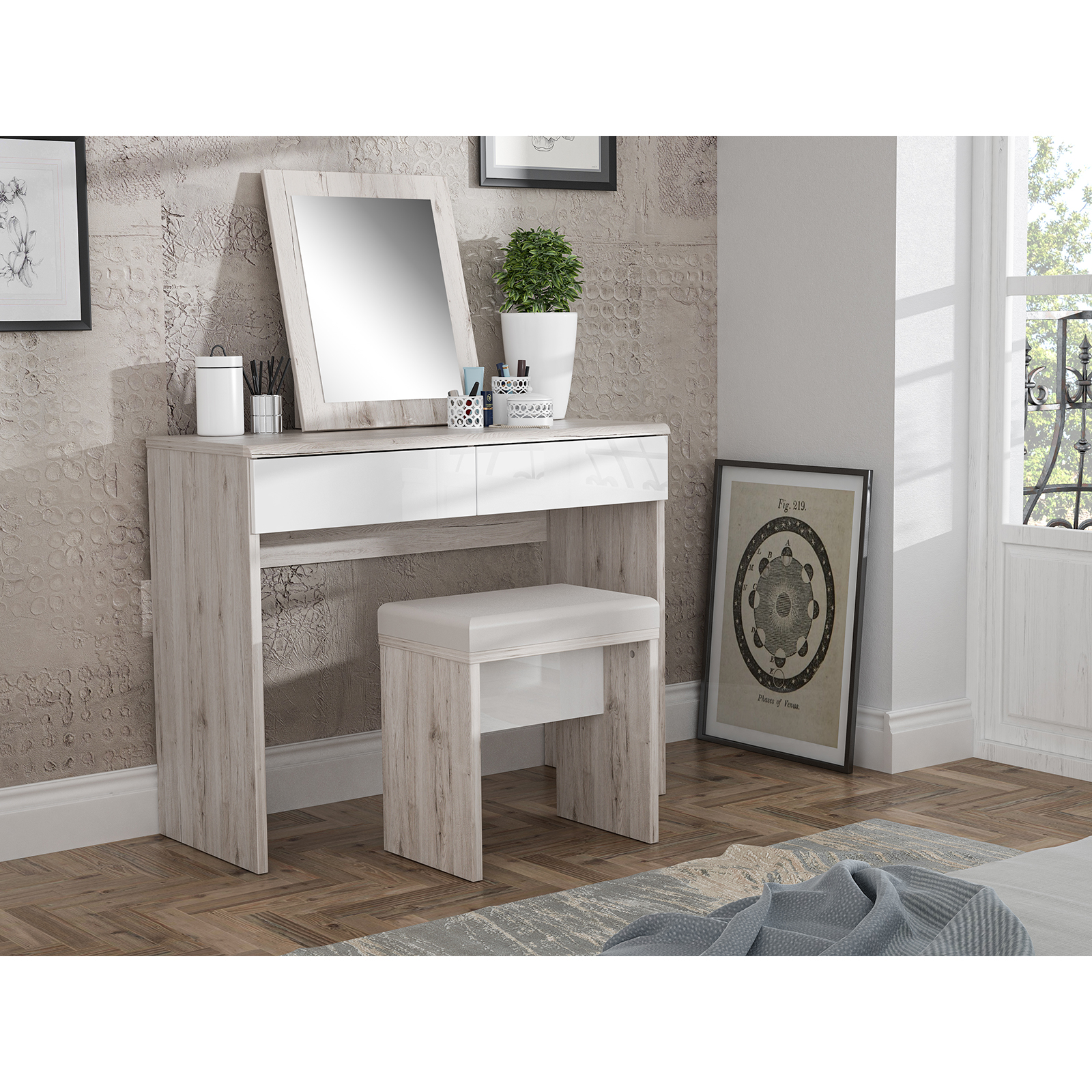 Schminktisch - Sandeiche - weiß - mit Hocker