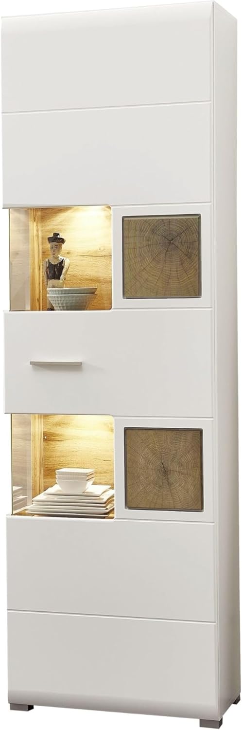 Stella Trading Fun Plus Große Vitrine weiss mit schönen Hirnholz-Applikationen - Moderne Glasvitrine inkl. LED Beleuchtung - 65 x 205 x 37 cm (B/H/T)