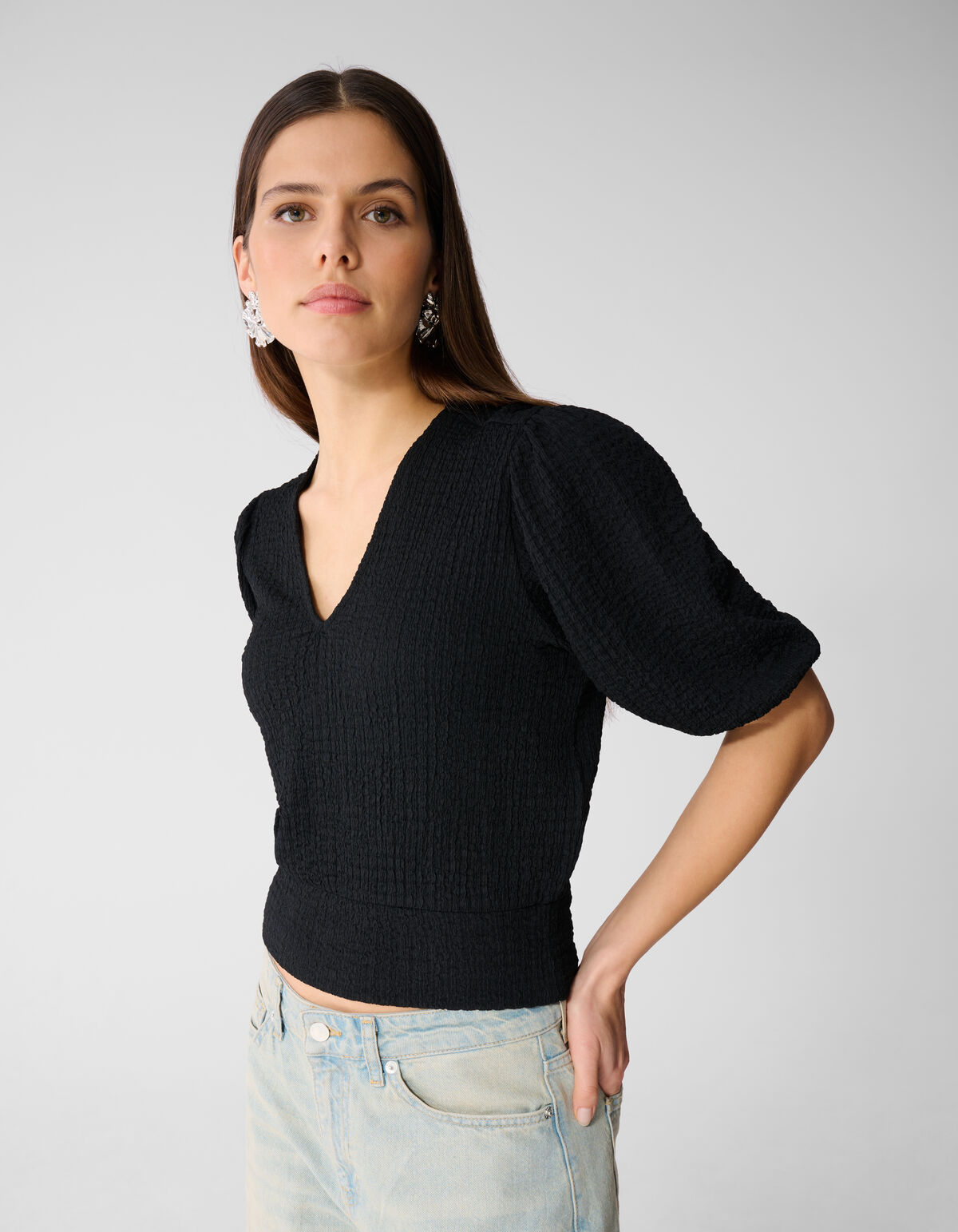 Crinkle V-Hals Top Zwart