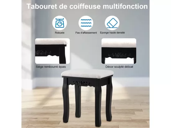 Coiffeuse avec 10 Ampoules, Table de Maquillage avec Tabouret, Miroir Ovale, Interrupteur et 4 Tiroirs, 75x40x145cm Noir