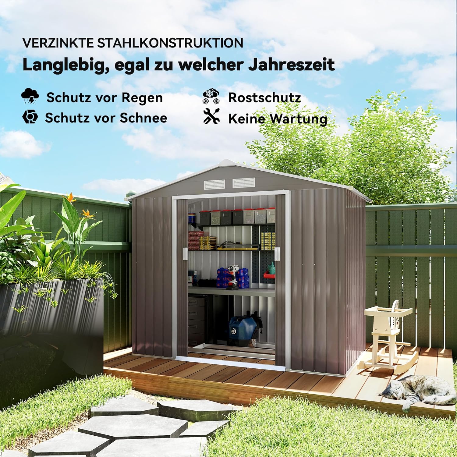 Outsunny Gerätehaus 2,42 m², Gartenhaus mit Satteldach, Schiebetür, Fundament, 213 x 130 x 185 cm, Geräteschuppen aus Verzinkter Stahl, wetterfest, für Garten, Grau
