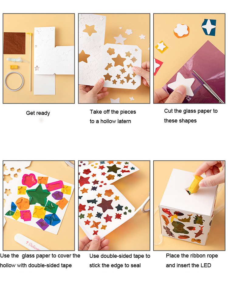(17-tlg. Set) 10x12cm LED Papier Laterne Kinder DIY Bastel Laterne inkl. Lampion Stab / Farbfolien / Organza Band (inkl. LR44 Batterien) - Sterne