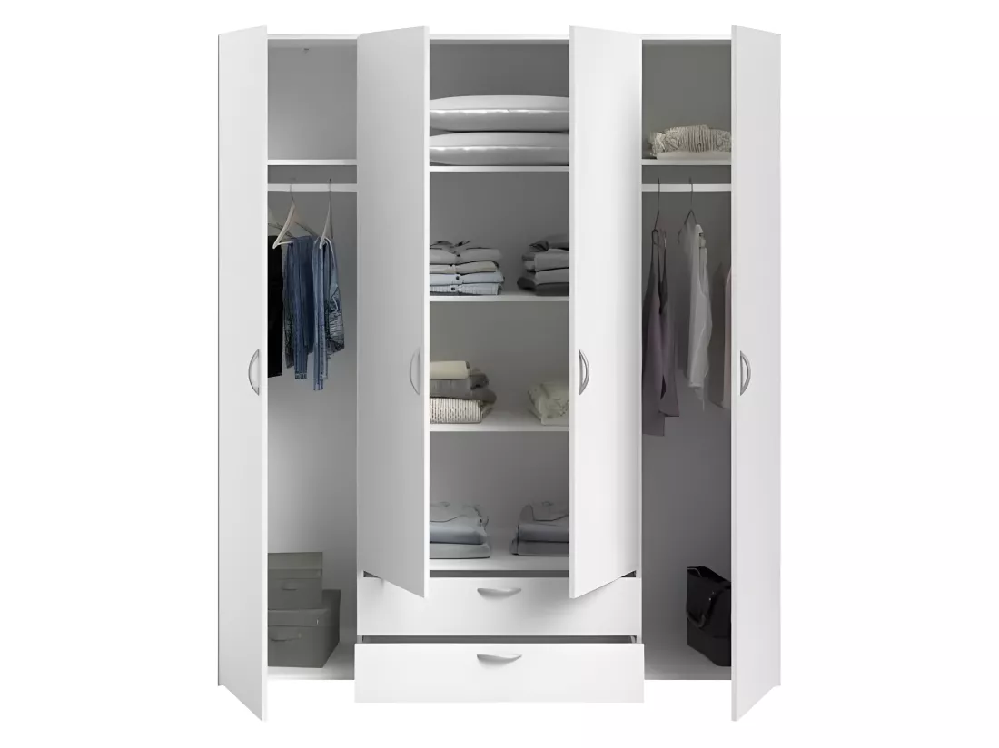 Armoire VARIA - Décor blanc - 4 portes battantes + 2 tiroirs - L 160 x H 185 x P 51 cm -
