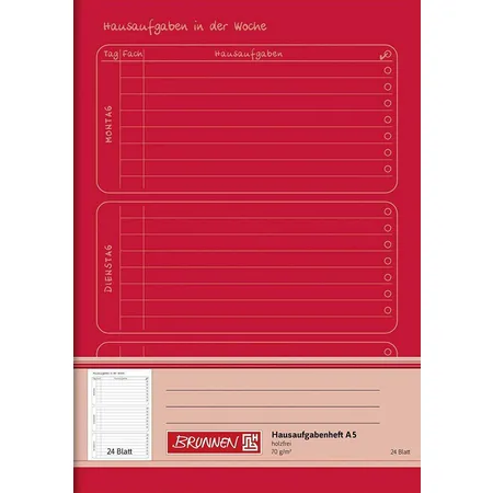 BRUNNEN Hausaufgabenheft A5, 24 Blatt, rot
