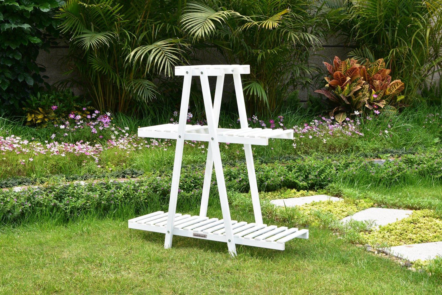needs&wants® plantenplank, bloemenstandaard van weerbestendig hout voor buiten, balkon, tuin, binnen, plantenstandaard voor aan de muur, bloemenladder, wit