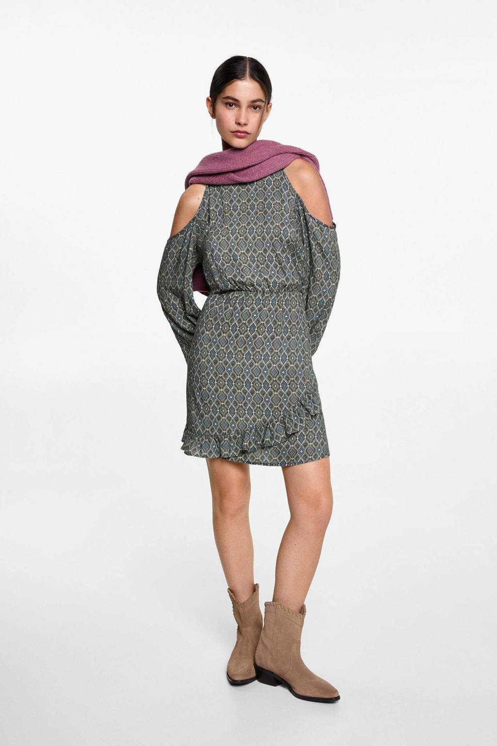 MANGO TEEN open shoulder jurk met all over print en volant beige - kaki
