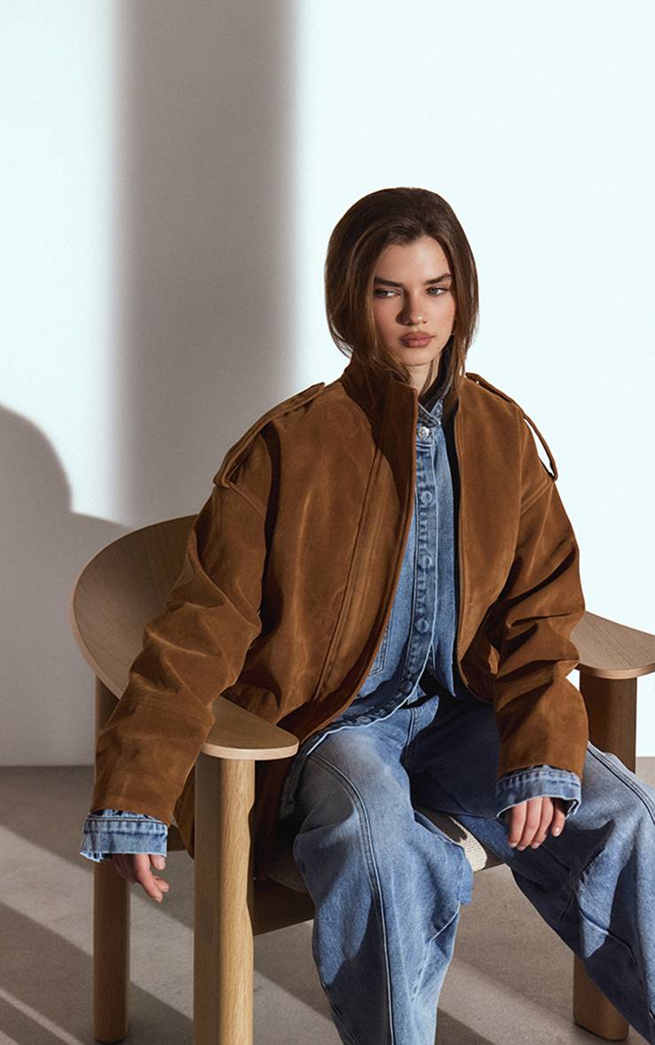 Marron Veste Longue En Daim À Col Montant Et Patte De Boutonnage Dissimulée