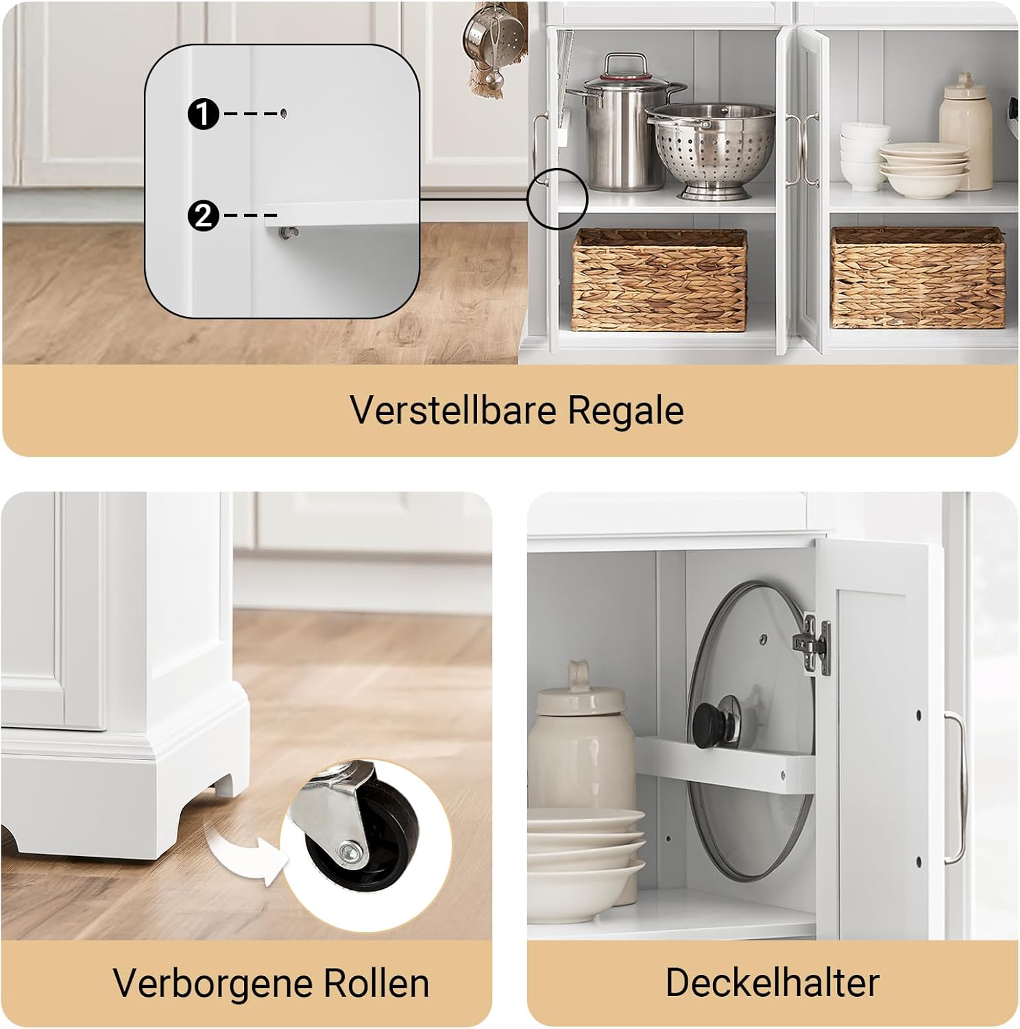 SoBuy Kücheninsel auf Rollen Servierwagen mit Rollen Küchenwagen mit ausziehbarer Arbeitsplatte Rollwagen mit Schubladen Barwagen für Küche, Esszimmer Weiß 115x92x(46-71) cm FKW71-II-WN