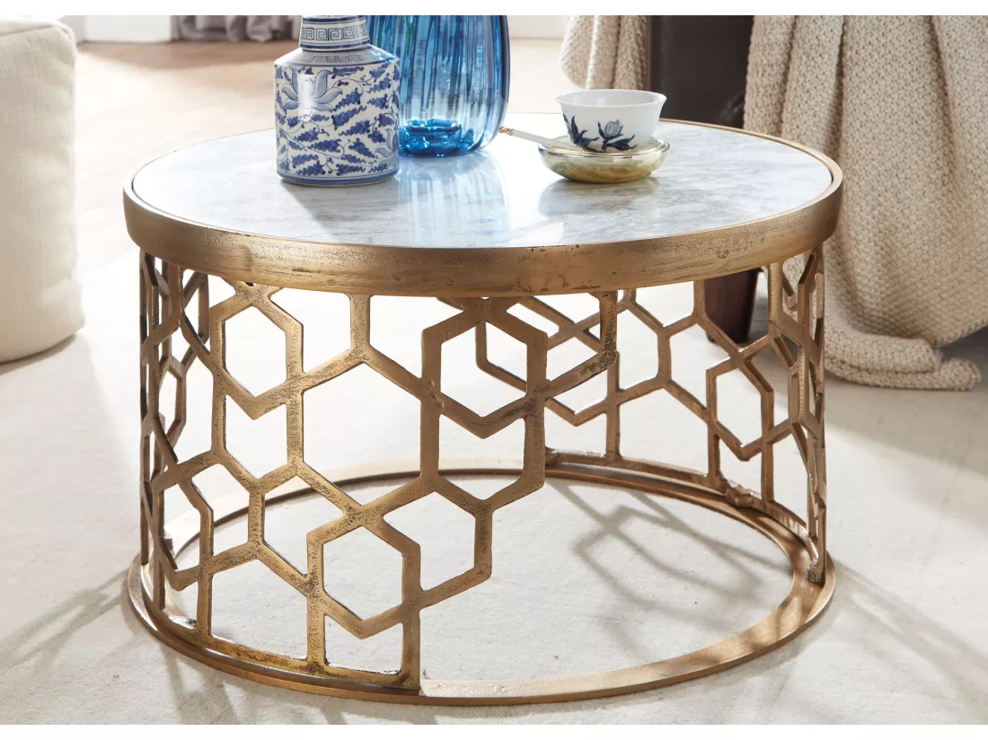 Table Basse de Salon Marbre Véritable et Métal 60x60x36 cm Ronde Or | Petite Table de Canapé Blanc | Design Table d'appoint Style Moderne