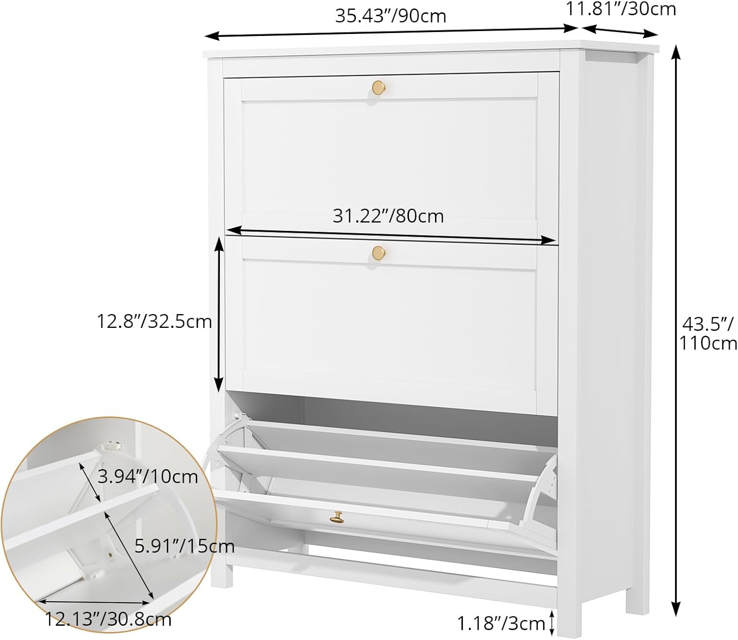 VOWNER Schuhschrank mit 3 Klappen, Schuhregal Schuhkipper Schmal, Schuhschrank Weiss, mit 6 Fächern, Schuhablage Verstellbar, 90 x 30 x 110 cm, für Eingangsbereich, Flur